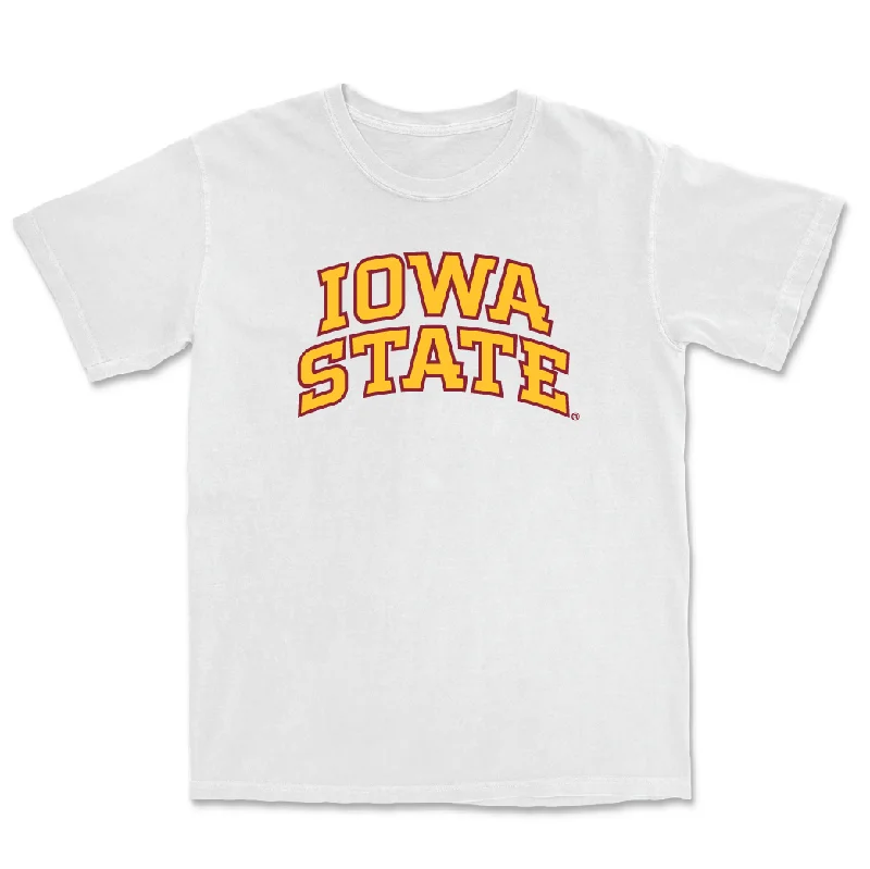 Custom Football Jerseys With Custom Sleeve Text-Football Iowa State White Comfort Colors Tee - Carson Hansen