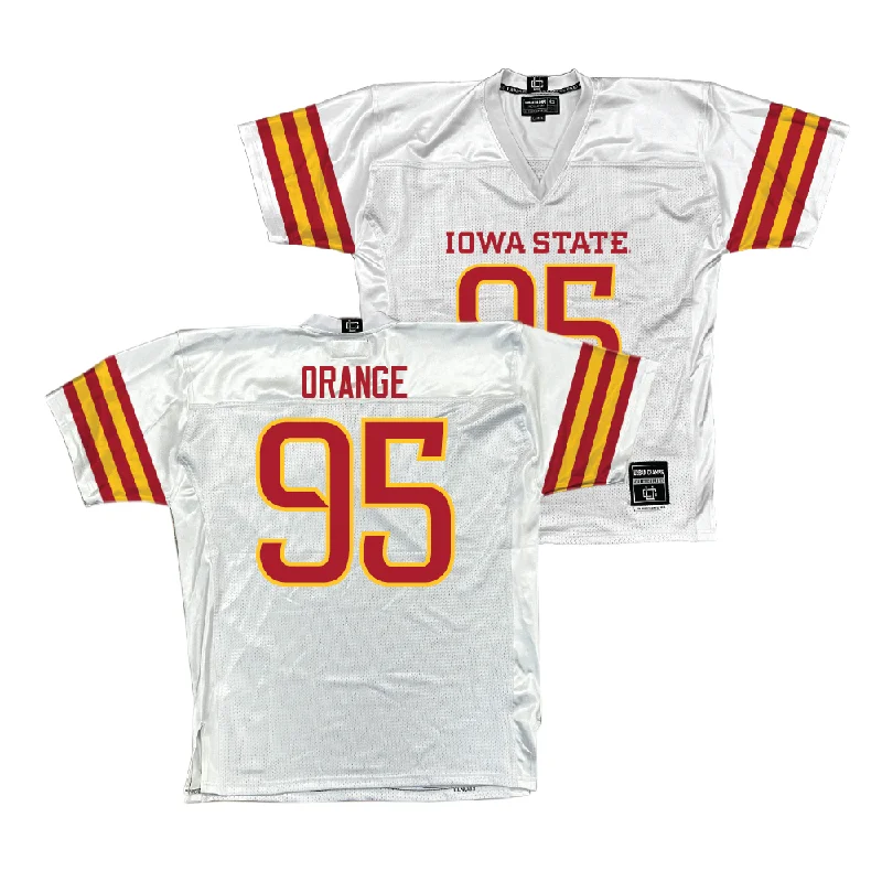 Custom Football Jerseys For Summer Leagues-Iowa State Football White Jersey - Domonique Orange