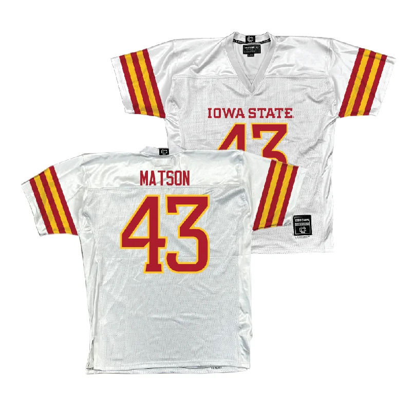 Custom Football Jerseys For Competitive Sports-Iowa State Football White Jersey - Caden Matson