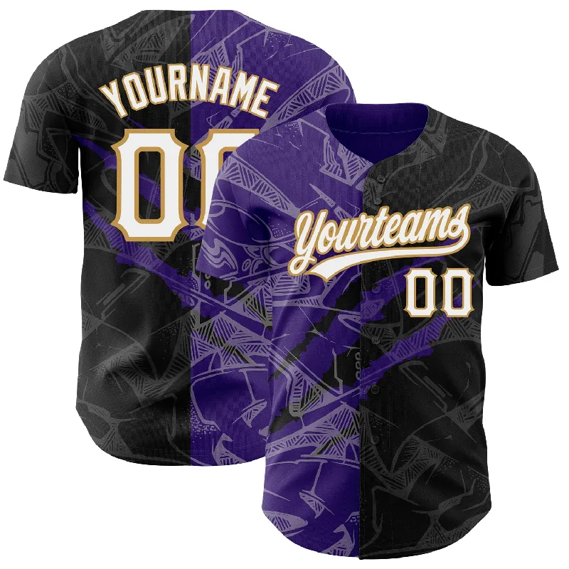 Baseball Jerseys With Custom Sleeve Designs-Custom Graffiti Pattern Black Purple-Old Gold 3D Scratch Authentic Baseball Jersey