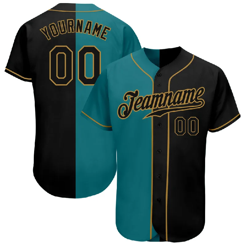 Baseball Jerseys With Team Mascots & Logos-Custom Teal-Black Old Gold Authentic Split Fashion Baseball Jersey