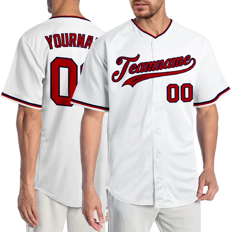 Custom Baseball Jerseys With Player Stats-Custom White Red-Navy Authentic Baseball Jersey