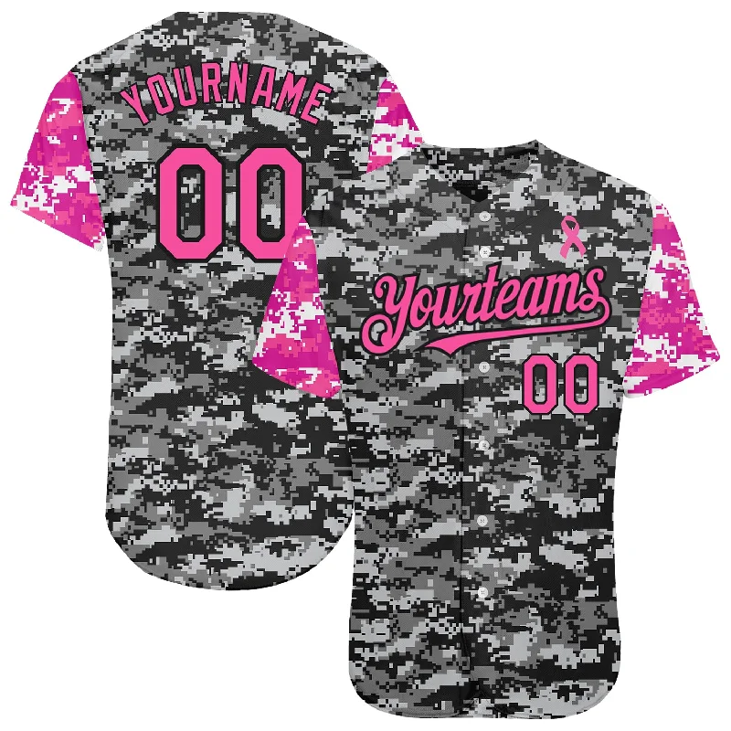 Personalized Baseball Jerseys For Special Occasions-Custom Camo Pink-Black 3D Pink Ribbon Breast Cancer Awareness Month Women Health Care Support Authentic Baseball Jersey