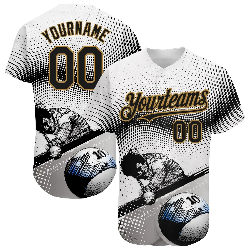 Personalized Baseball Jerseys For Team Uniforms-Custom White Black-Old Gold 3D Pattern Design Billiards Authentic Baseball Jersey