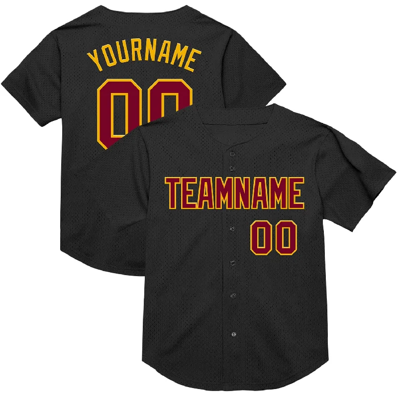 Personalized Baseball Jerseys For Local Fans-Custom Black Maroon-Gold Mesh Authentic Throwback Baseball Jersey