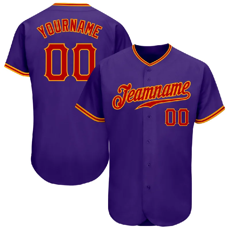 Baseball Jerseys With Player Numbers & Team Slogans-Custom Purple Red-Gold Authentic Baseball Jersey