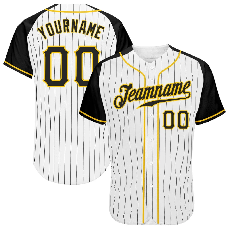 Custom Baseball Jerseys With Custom Colors-Custom White Black Pinstripe Black-Gold Authentic Raglan Sleeves Baseball Jersey