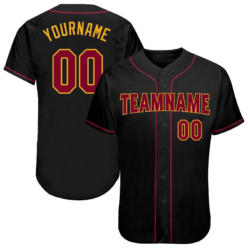 Baseball Jerseys With Personalized Fabric & Text-Custom Black Crimson-Gold Authentic Baseball Jersey