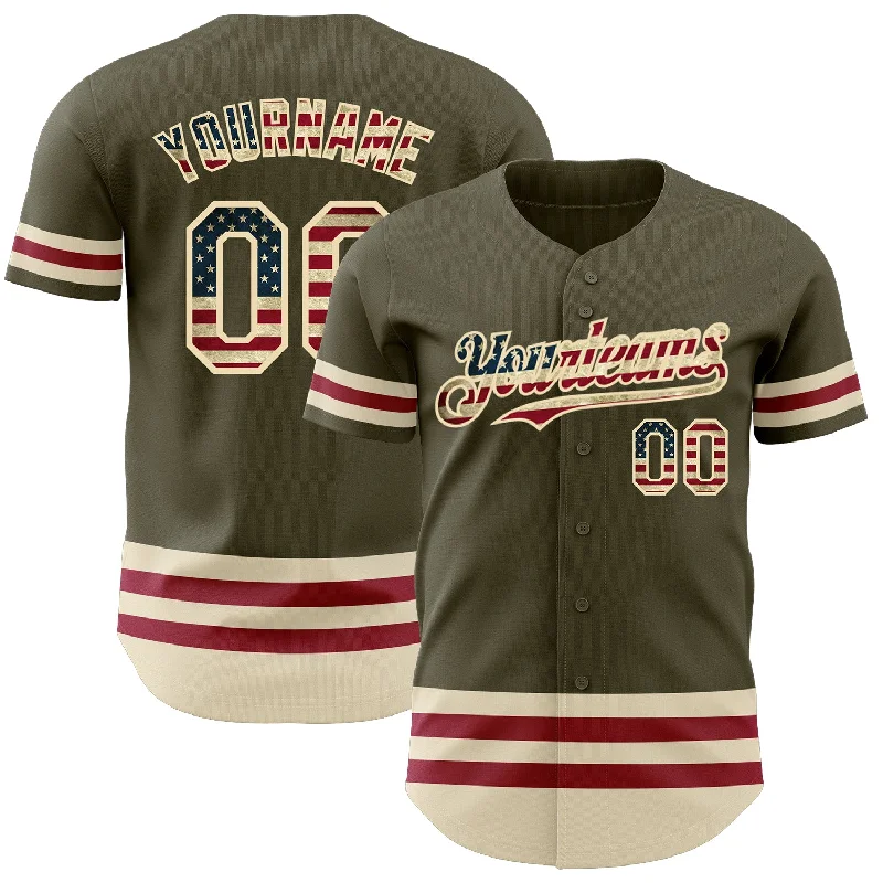 Baseball Jerseys With Embroidered Text-Custom Olive Vintage USA Flag Cream-Maroon Line Authentic Salute To Service Baseball Jersey