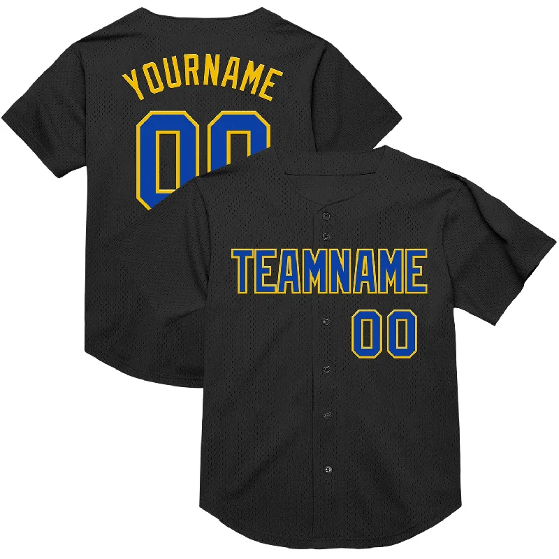 Personalized Baseball Jerseys For Team Apparel-Custom Black Thunder Blue-Yellow Mesh Authentic Throwback Baseball Jersey