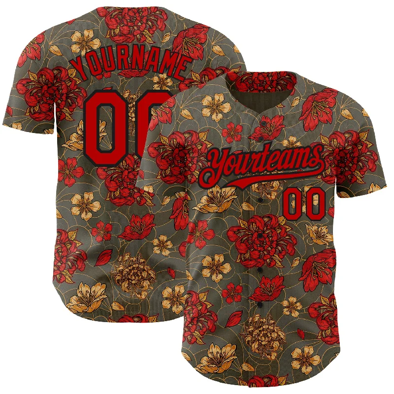 Personalized Baseball Jerseys For School Spirit Days-Custom Olive Red-Black 3D Pattern Design Northeast China Big Flower Authentic Baseball Jersey