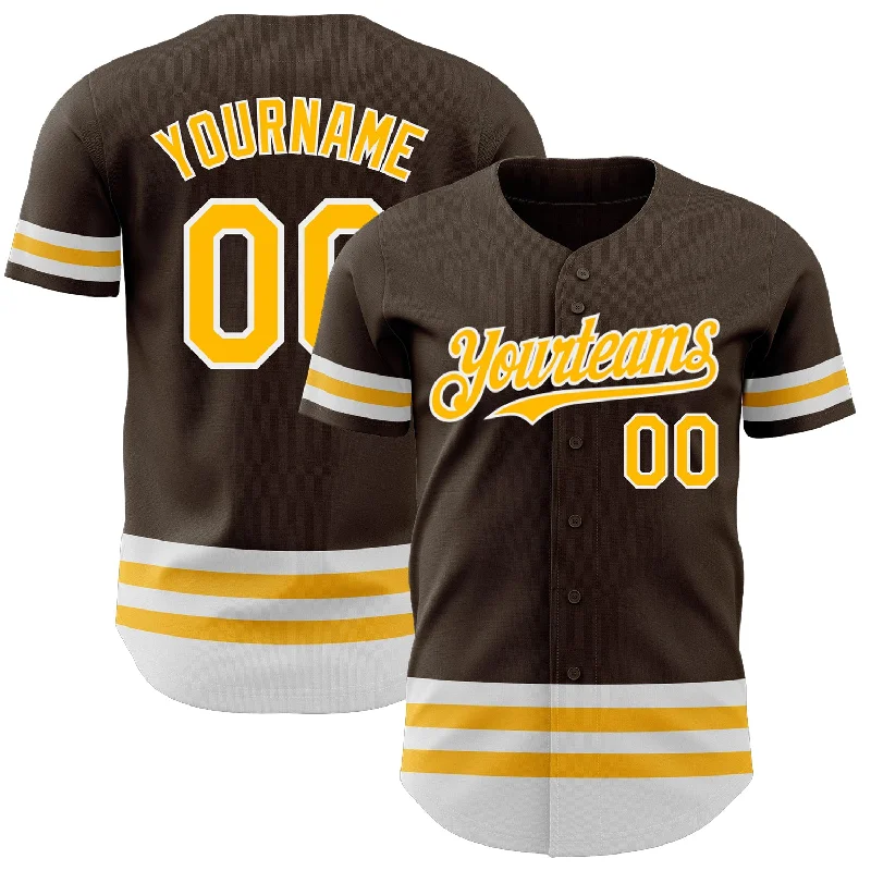 Custom Baseball Jerseys For Schools-Custom Brown Gold-White Line Authentic Baseball Jersey