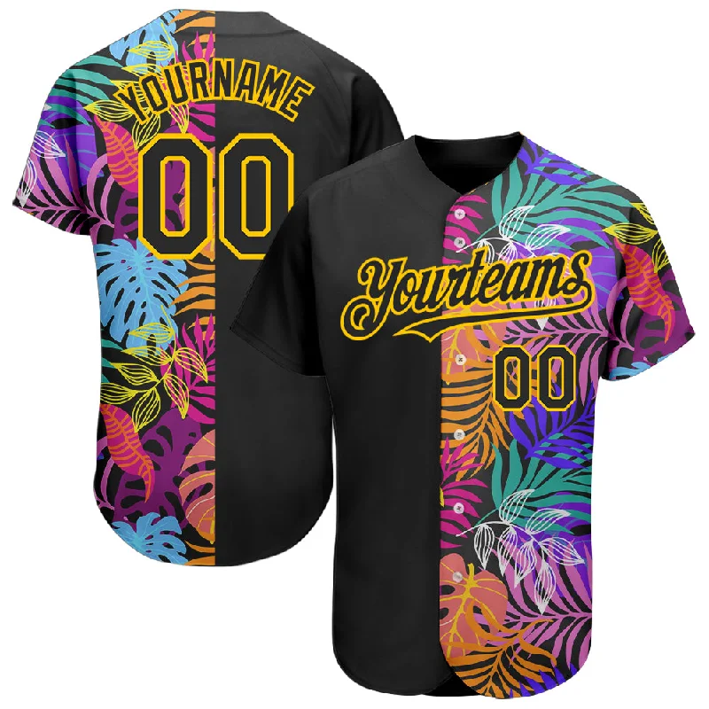 Custom Baseball Jerseys For Youth Competitions-Custom Black Yellow 3D Pattern Design Hawaii Tropical Palm Trees Authentic Baseball Jersey