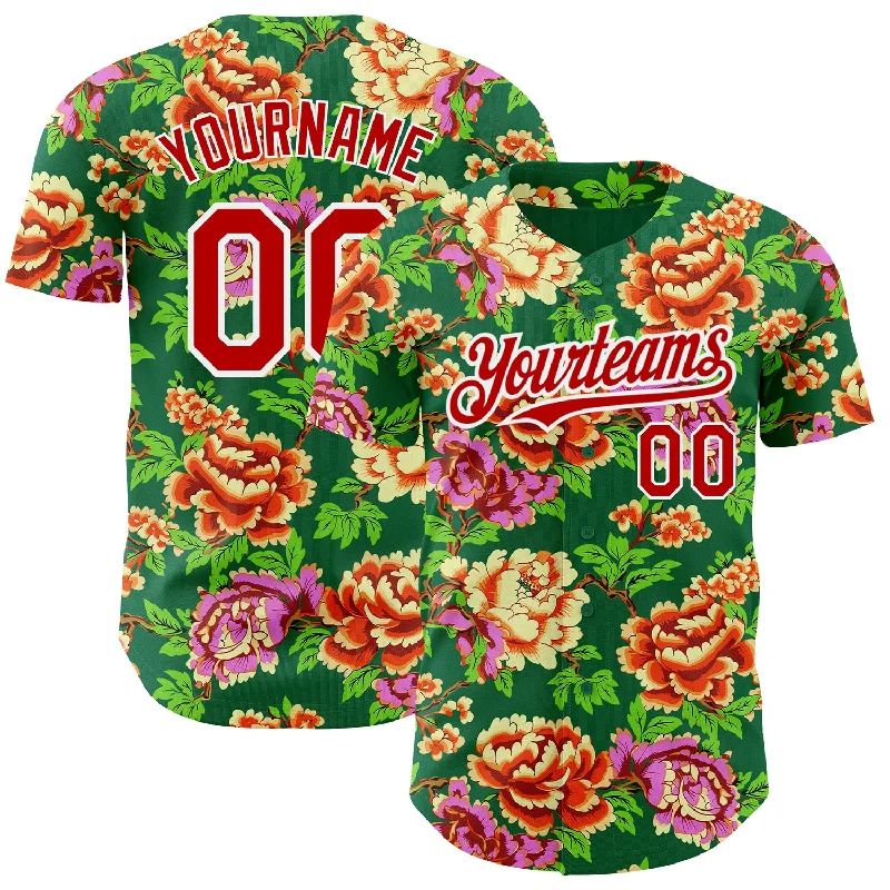 Custom Baseball Jerseys For Team Building-Custom Kelly Green Red-White 3D Pattern Design Northeast China Big Flower Authentic Baseball Jersey