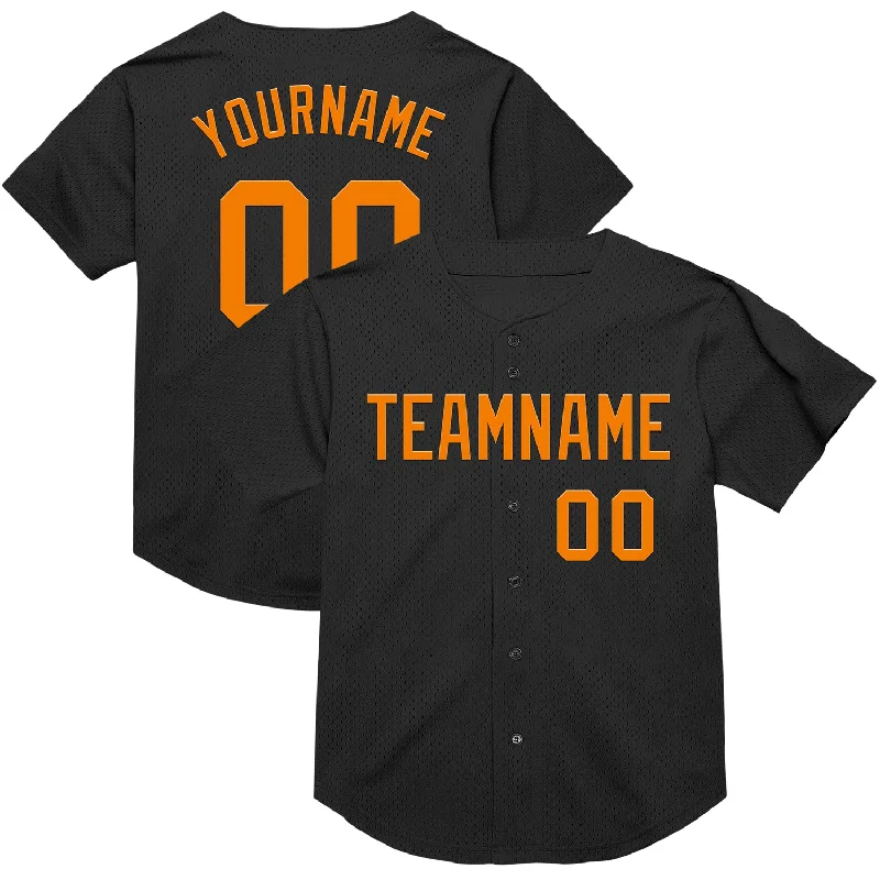 Custom Baseball Jerseys With Color Blocking-Custom Black Bay Orange Mesh Authentic Throwback Baseball Jersey