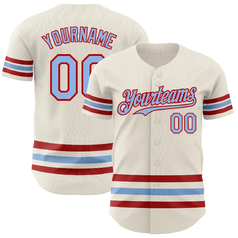 Baseball Jerseys With Custom Sleeve Options-Custom Cream Light Blue-Red Line Authentic Baseball Jersey