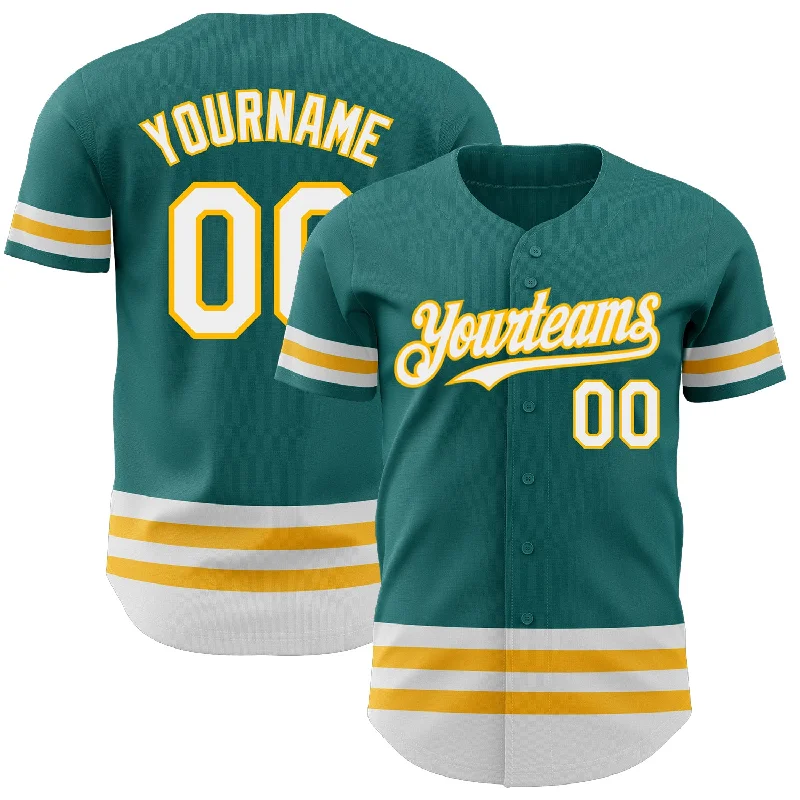 Custom Baseball Jerseys With Color Blocking-Custom Teal White-Gold Line Authentic Baseball Jersey