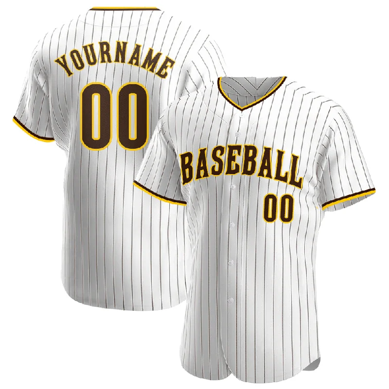 Custom Baseball Jerseys For Sports Leagues-Custom White Brown Pinstripe Brown-Gold Authentic Baseball Jersey