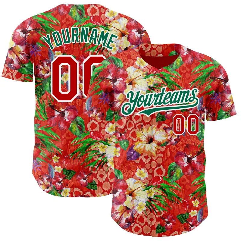 Baseball Jerseys With Custom Logos-Custom Red Kelly Green-White 3D Pattern Design Northeast China Big Flower Authentic Baseball Jersey