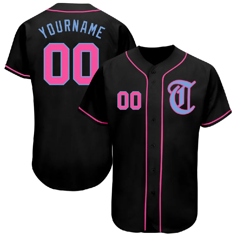 Custom Baseball Jerseys With Player Stats-Custom Black Pink-Light Blue Authentic Baseball Jersey