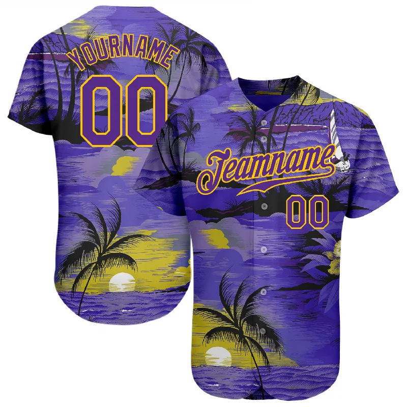 Custom Baseball Jerseys For Special Promotions-Custom Purple Yellow 3D Pattern Design Sun Beach Hawaii Palm Trees Authentic Baseball Jersey