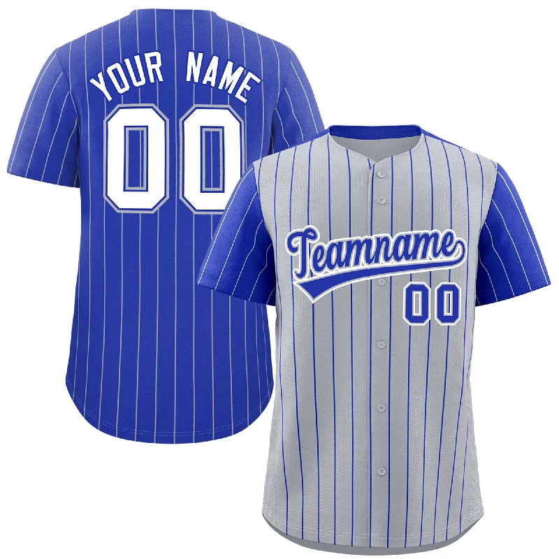 Baseball Jerseys With Special Event Branding-Custom Gray Royal Pinstripe Personalized Raglan Sleeves Authentic Baseball Jersey