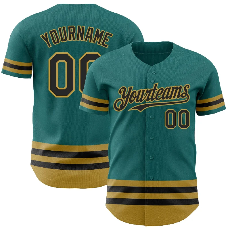 Personalized Baseball Jerseys For Player Recognition-Custom Teal Black-Old Gold Line Authentic Baseball Jersey