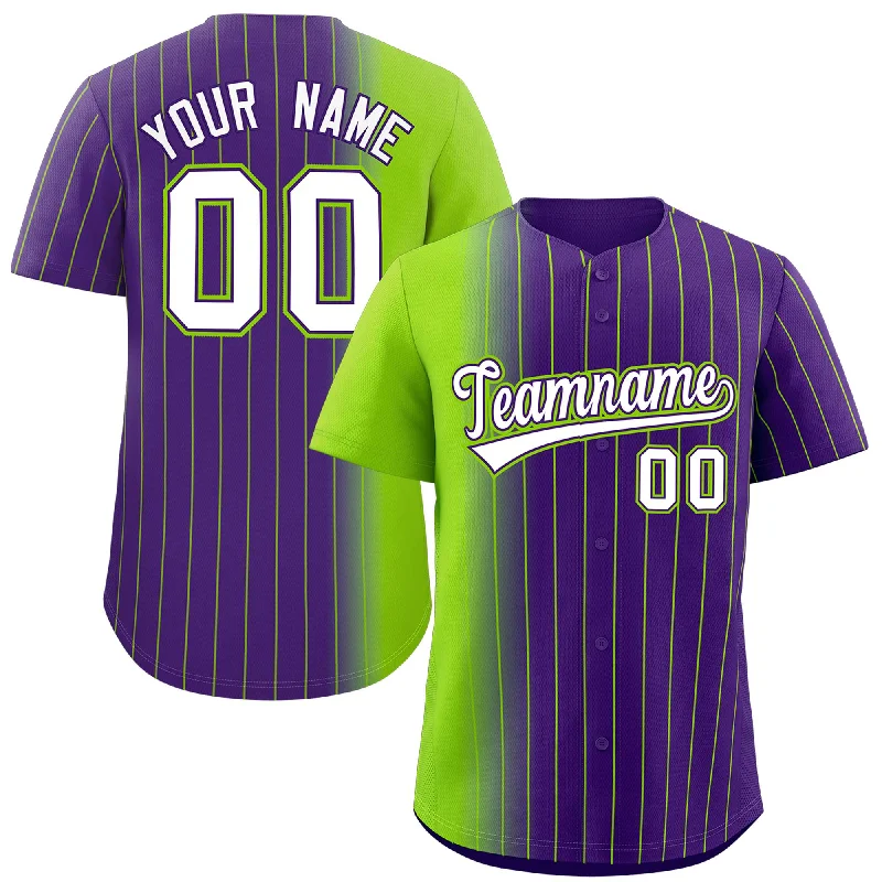 Custom Baseball Jerseys-Custom Purple Neon Green Pinstripe Personalized Gradient Authentic Baseball Jersey