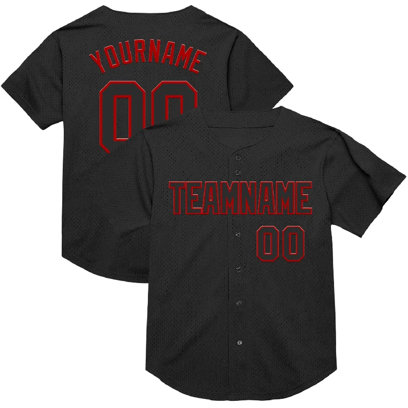 Baseball Jerseys With Custom Text & Team Emblems-Custom Black Red Mesh Authentic Throwback Baseball Jersey