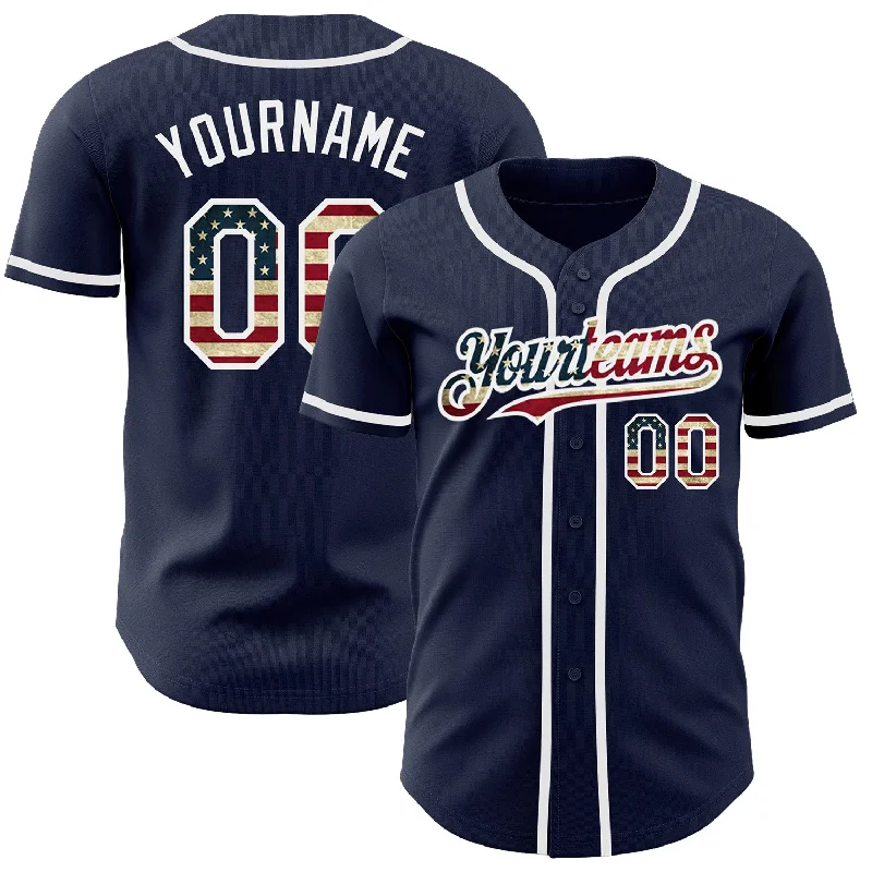 Baseball Jerseys With Player Names & Charity Logos-Custom Navy Vintage USA Flag-White Authentic Baseball Jersey