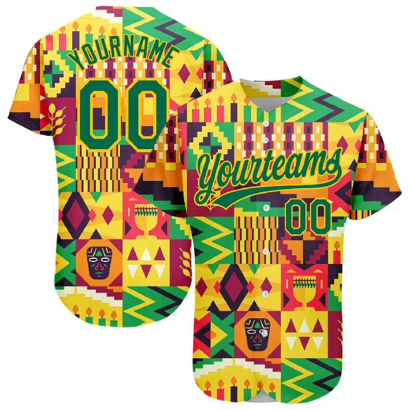 Custom Baseball Jerseys For Holiday Giveaways-Custom Yellow Kelly Green 3D Pattern Design African Happy Kwanzaa Authentic Baseball Jersey