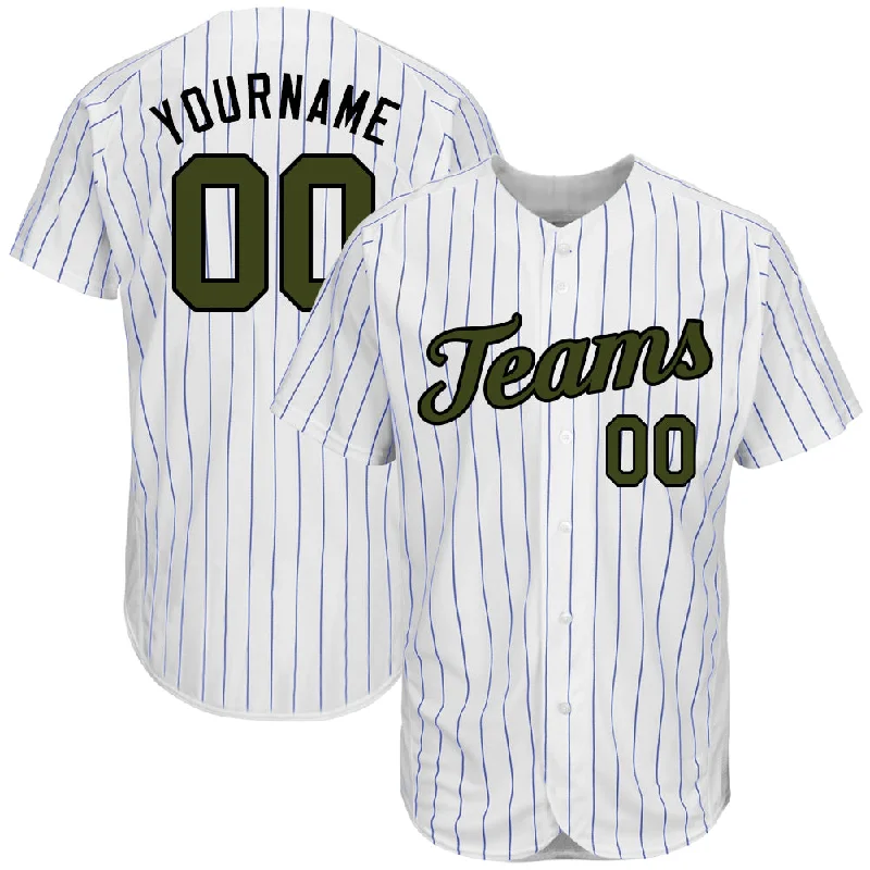 Custom Baseball Jerseys With Player Recognition-Custom White Royal Pinstripe Olive-Black Authentic Memorial Day Baseball Jersey