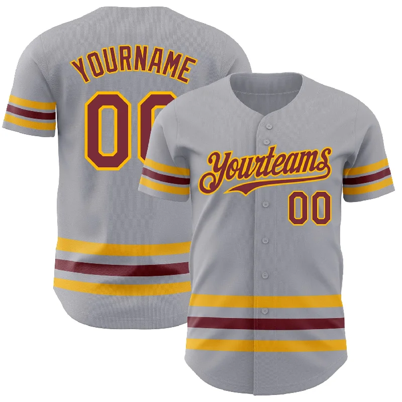 Baseball Jerseys For Corporate Team Building-Custom Gray Burgundy-Gold Line Authentic Baseball Jersey