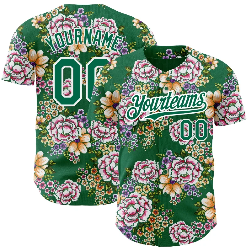 Personalized Baseball Jerseys For Team Anniversaries-Custom Kelly Green White 3D Pattern Design Northeast China Big Flower Authentic Baseball Jersey