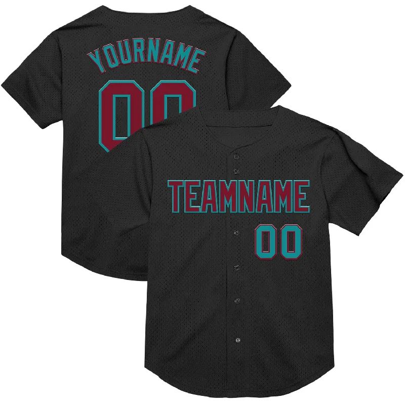 Baseball Jerseys With Personalized Player Information-Custom Black Crimson-Teal Mesh Authentic Throwback Baseball Jersey