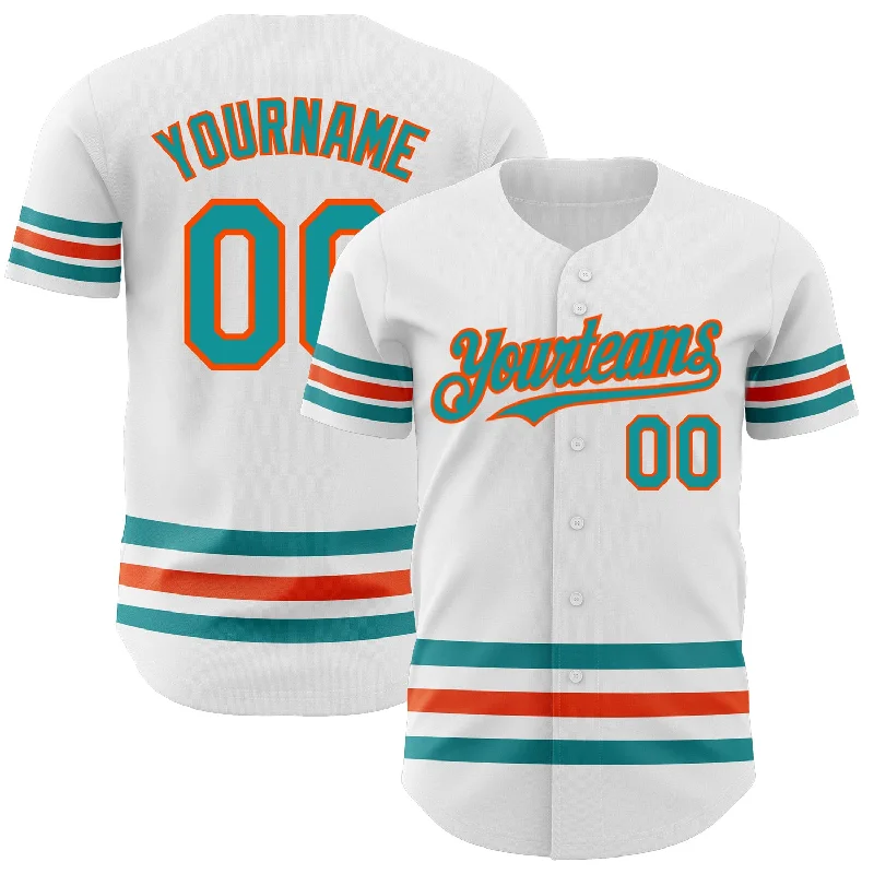 Baseball Jerseys For Corporate Team Building-Custom White Teal-Orange Line Authentic Baseball Jersey