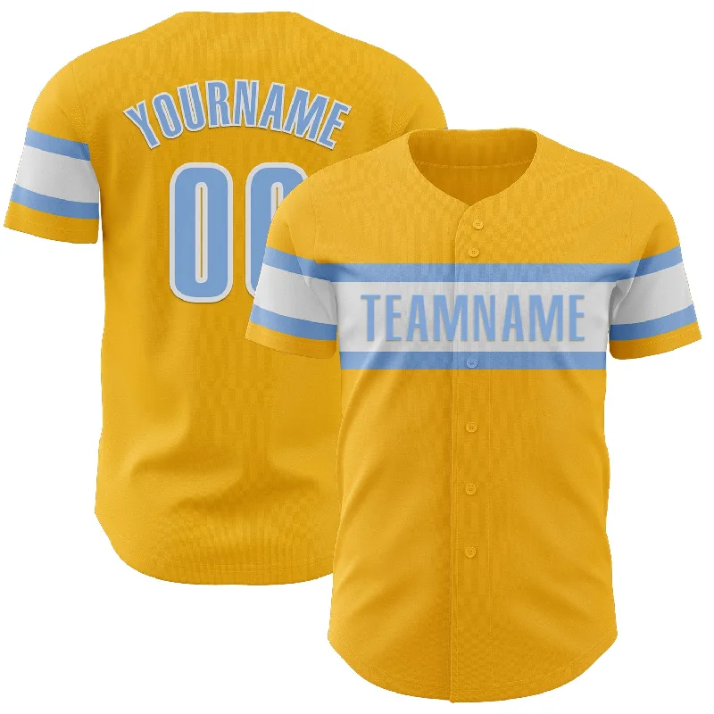 Personalized Baseball Jerseys For Tournament Gifts-Custom Gold Light Blue-White Authentic Baseball Jersey