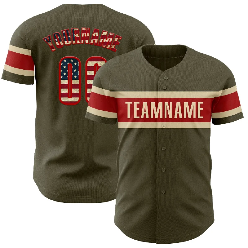 Custom Baseball Jerseys For Custom Team Designs-Custom Olive Vintage USA Flag Red-Cream Authentic Salute To Service Baseball Jersey