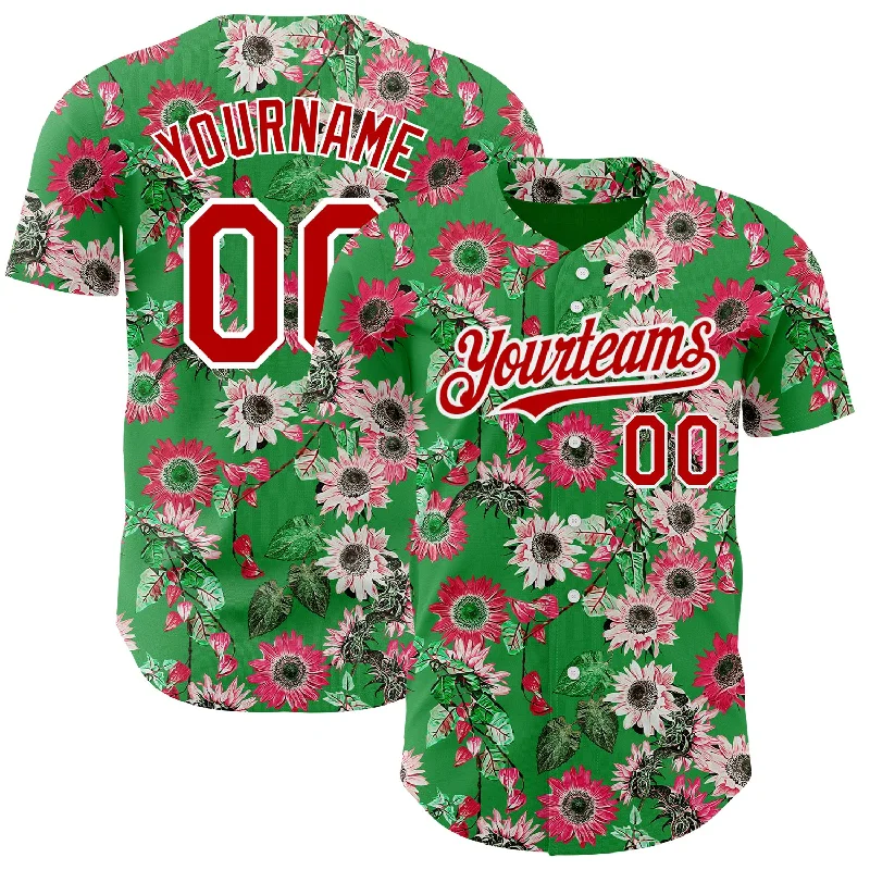 Custom Baseball Jerseys For Charitable Organizations-Custom Grass Green Red-White 3D Pattern Design Northeast China Big Flower Authentic Baseball Jersey