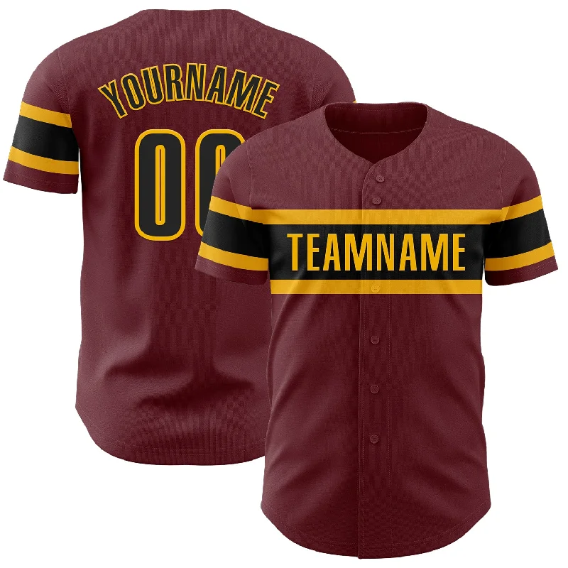 Baseball Jerseys With Custom Patches-Custom Burgundy Black-Gold Authentic Baseball Jersey