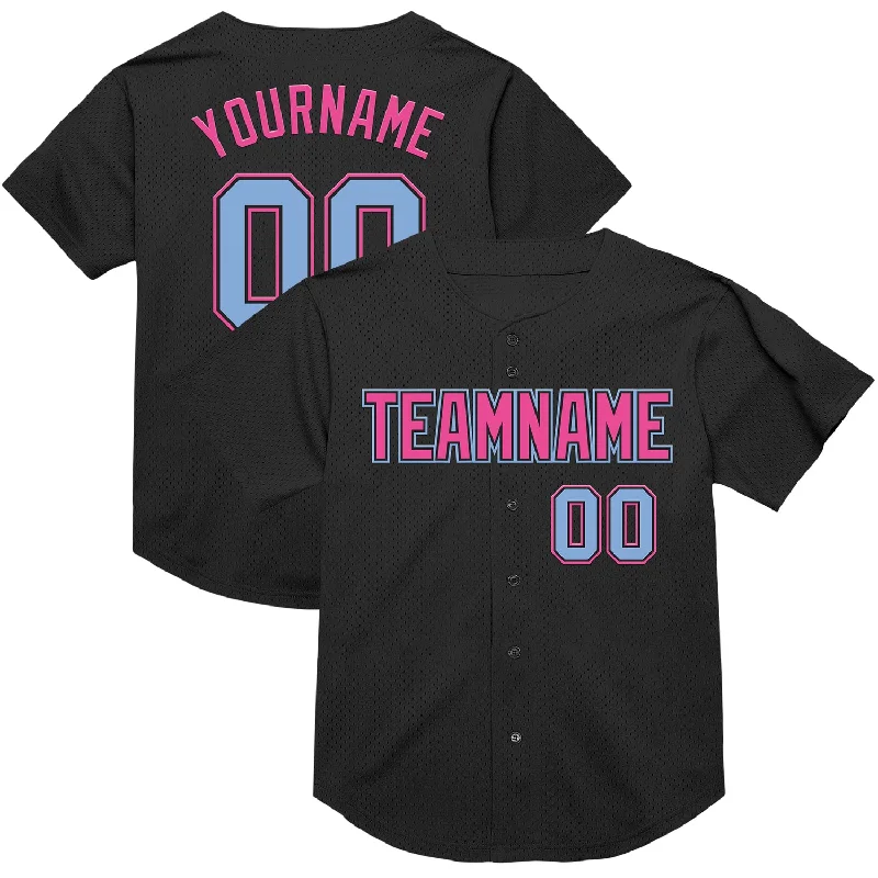 Custom Baseball Jerseys With Player Personalization-Custom Black Light Blue-Pink Mesh Authentic Throwback Baseball Jersey