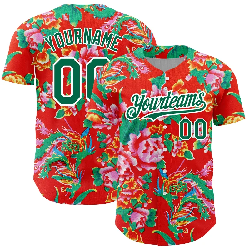 Personalized Baseball Jerseys For Team Apparel-Custom Red Kelly Green-White 3D Pattern Design Northeast China Big Flower Authentic Baseball Jersey