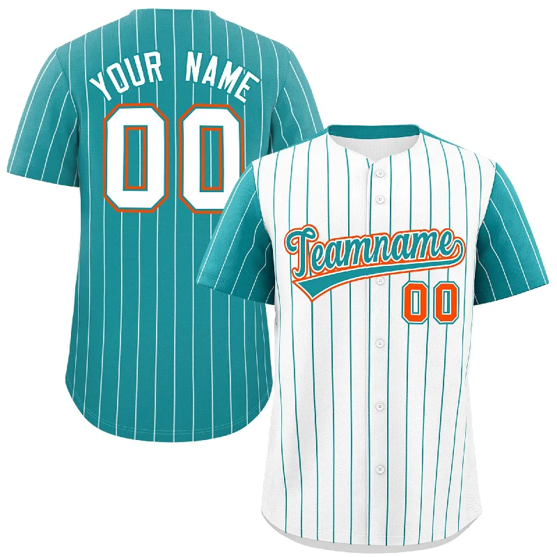 Baseball Jerseys With Custom Logos-Custom White Aqua Pinstripe Personalized Raglan Sleeves Authentic Baseball Jersey