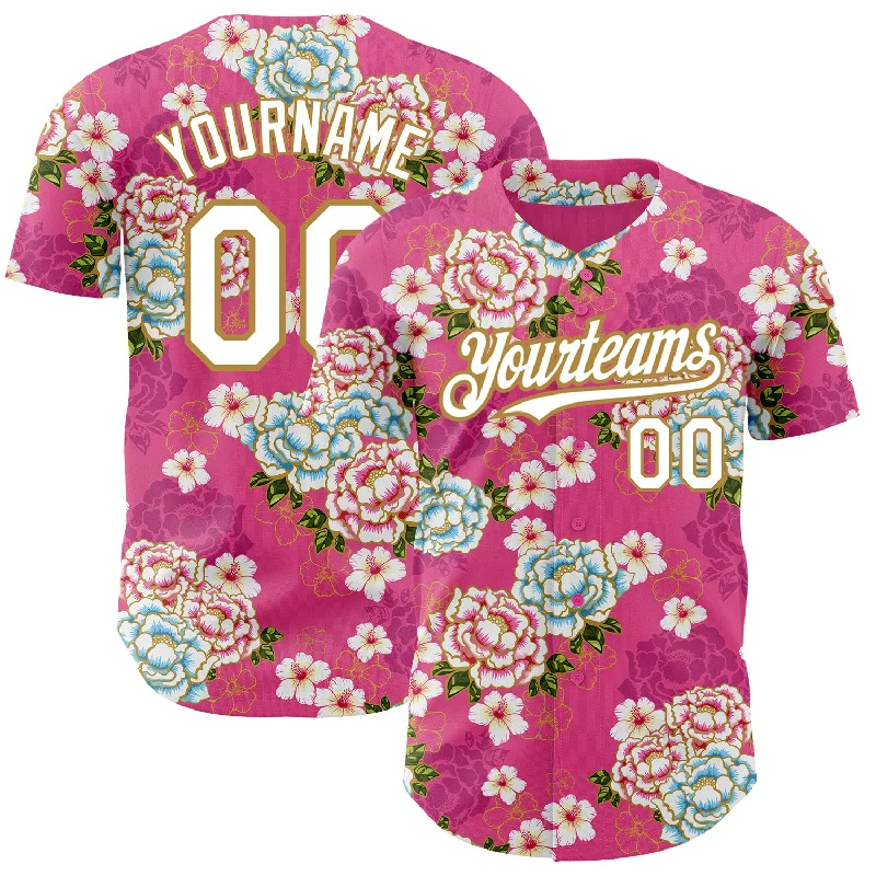 Baseball Jerseys With Custom Branding For Teams-Custom Hot Pink White-Old Gold 3D Pattern Design Northeast China Big Flower Authentic Baseball Jersey