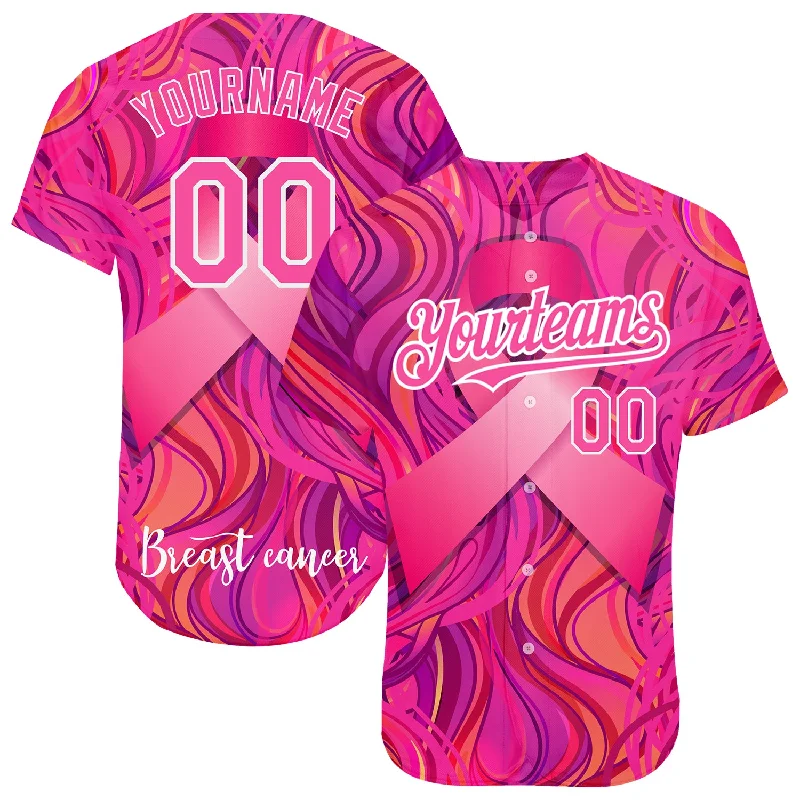 Custom Baseball Jerseys For College Teams-Custom Pink White 3D Pink Ribbon Breast Cancer Awareness Month Women Health Care Support Authentic Baseball Jersey