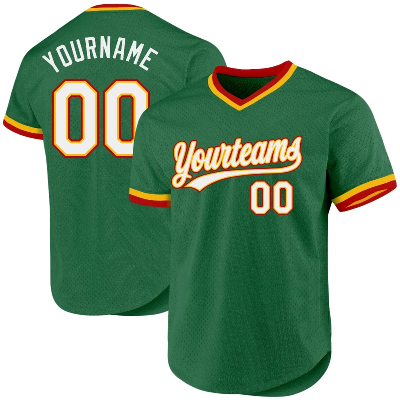 Personalized Baseball Jerseys For Groups-Custom Kelly Green Gold-Red Authentic Throwback Baseball Jersey