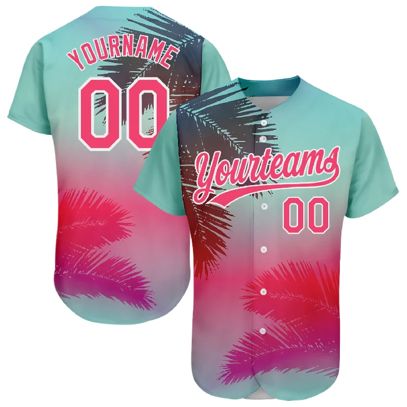 Personalized Baseball Jerseys For Tournament Recognition-Custom Aqua Neon Pink-White 3D Pattern Design Hawaii Palm Leaves Authentic Baseball Jersey