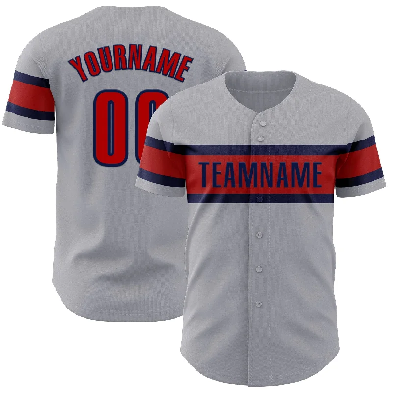 Custom Baseball Jerseys With School Team Designs-Custom Gray Red-Navy Authentic Baseball Jersey