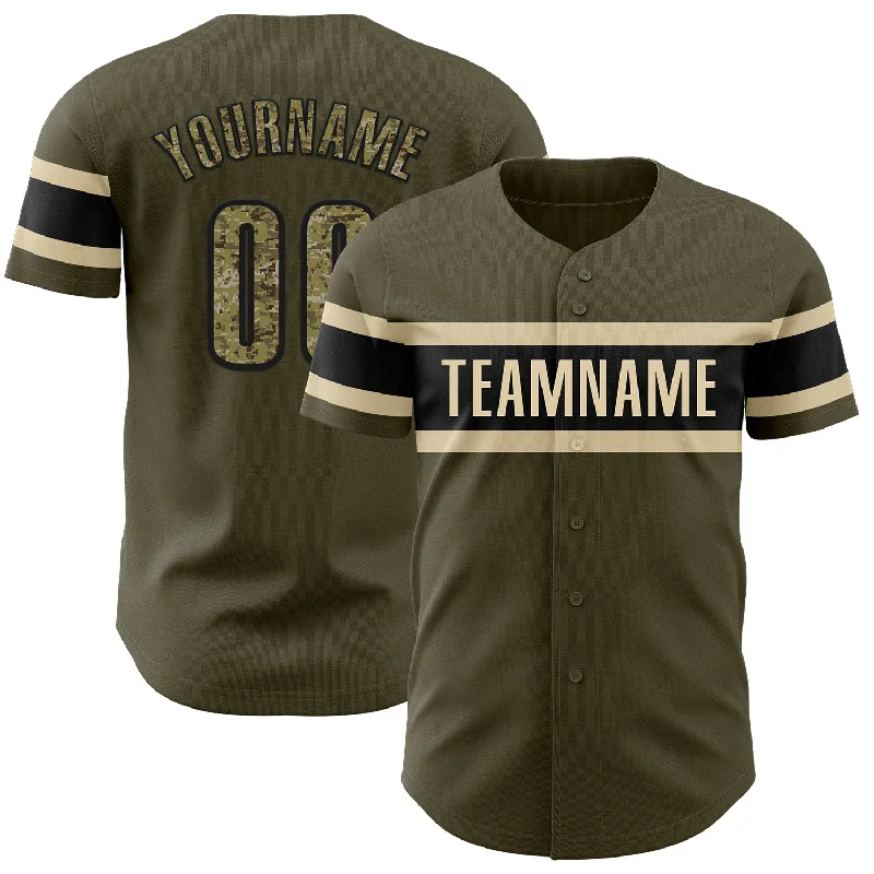 Custom Baseball Jerseys For Special Gifts-Custom Olive Camo Black-Cream Authentic Salute To Service Baseball Jersey