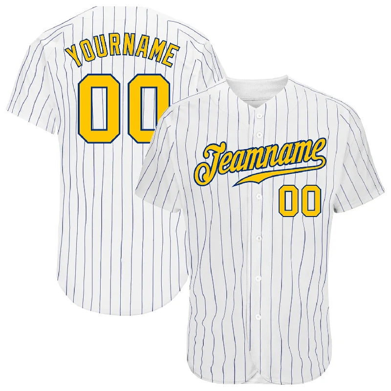 Custom Baseball Jerseys With Custom Back Designs-Custom White Royal Pinstripe Gold-Royal Authentic Baseball Jersey